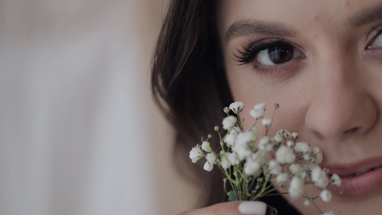 Ritratto di una bella donna con fiori bianchi