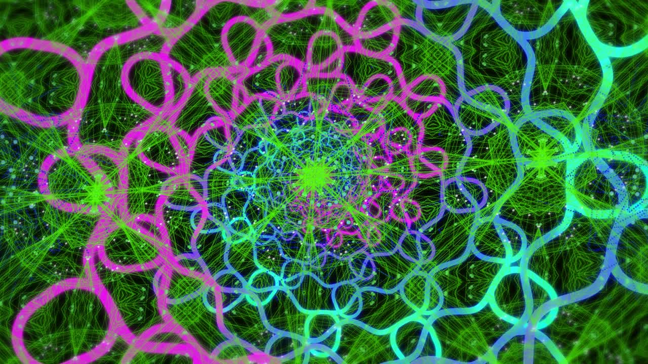 Pulsing hub starting mandala rotating and loops expanding, splitting into rosettes, revealing rings