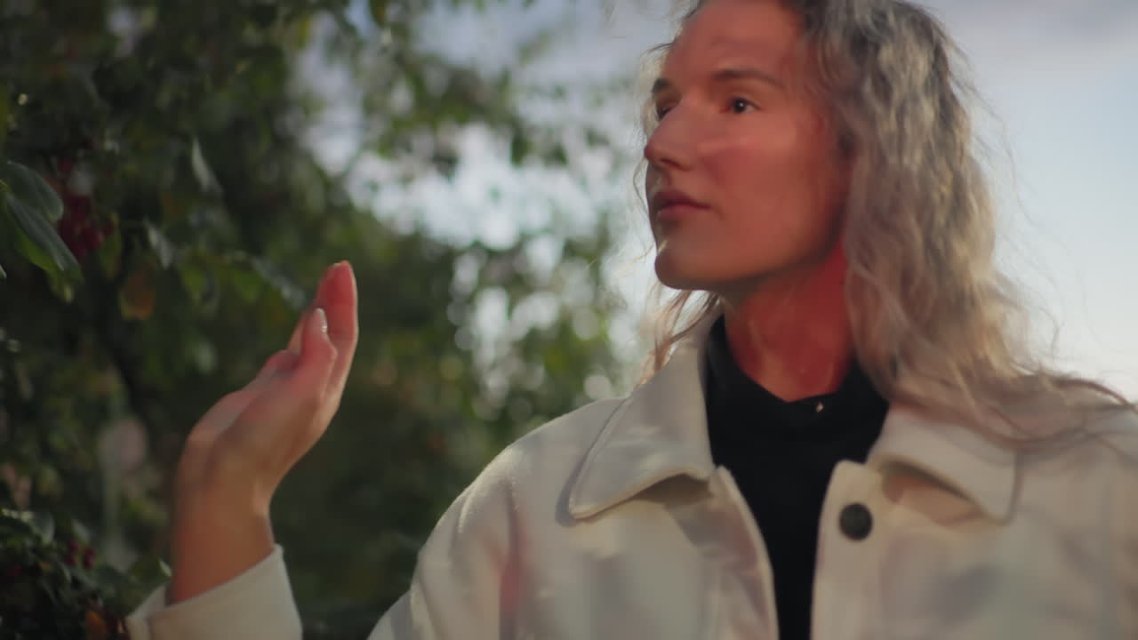 Close up of white lady admiring green plant leaves with gentle touch while walking during sunset, soft sunlight reflecting on her coat, background filled with colorful bokeh light and blurred trees