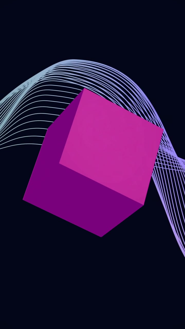 Animation of purple cube and waving layers on black background