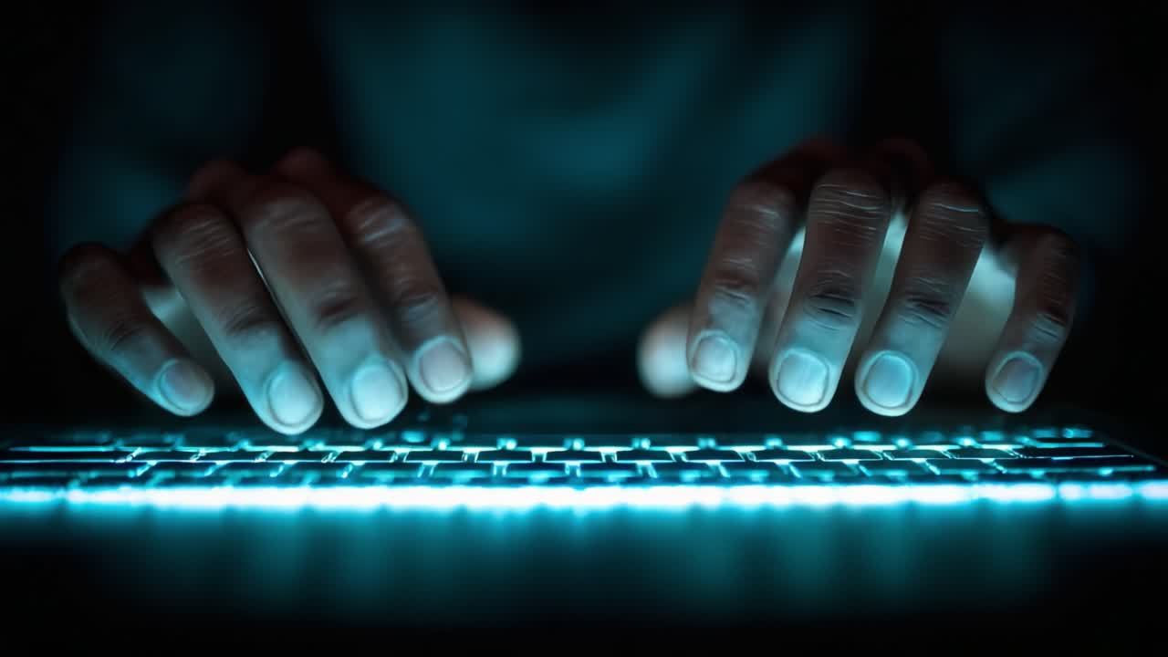 Illuminated Keyboard: A Close-Up Perspective of Hands Typing on a Modern Backlit Keyboard in a Dark Environment, Highlighting Technology and Focus