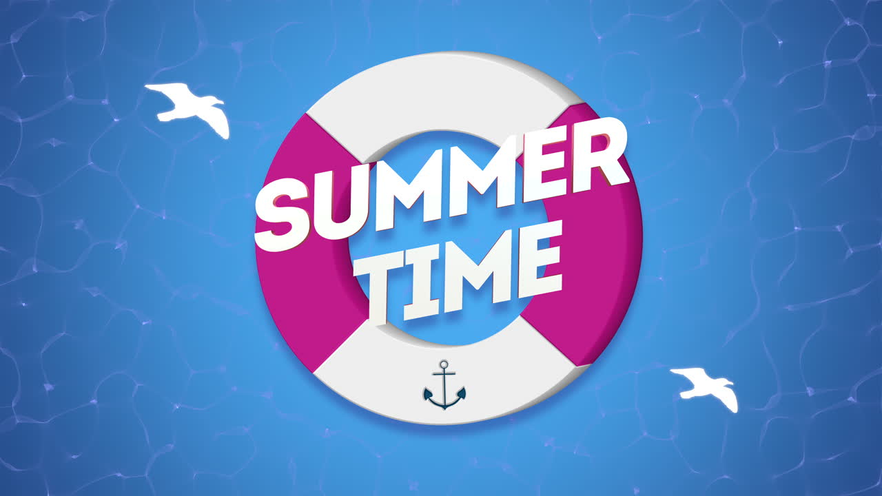 갈매기와 수영 원이 있는 애니메이션 텍스트 여름 시간 1
