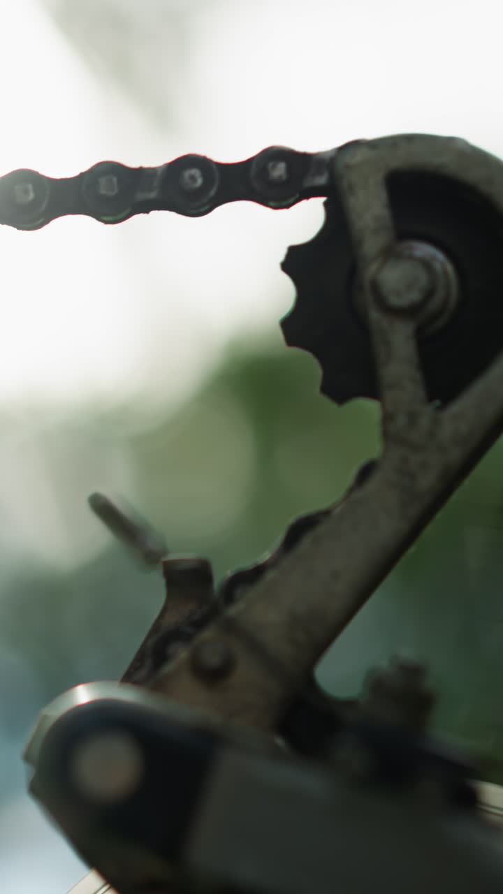 primer plano de la rueda trasera de la bicicleta y el sistema de engranajes mientras la cadena gira brevemente, la luz del sol se refleja en la cadena y la rueda dentada, mientras que el fondo de la vegetación está suavemente borroso