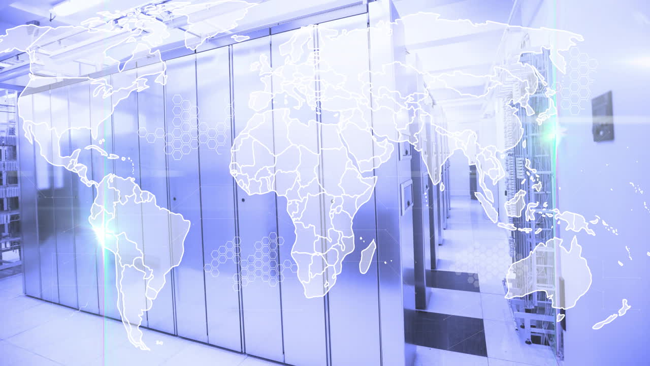 Animation of world map overlay on futuristic data center with server racks