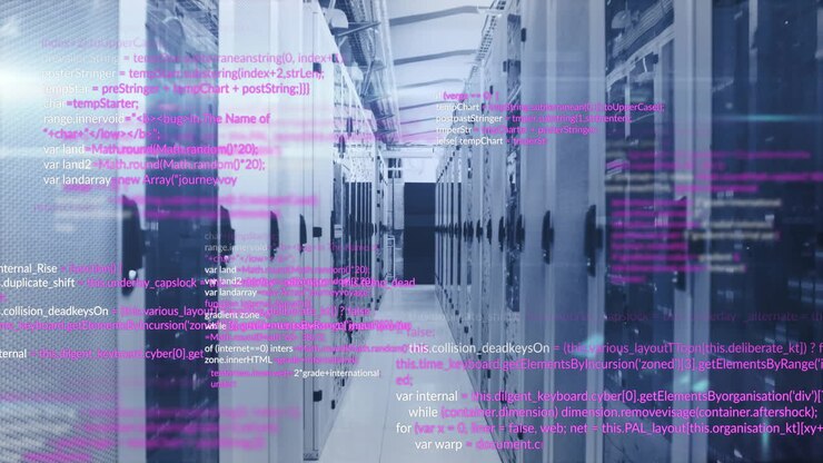 Computer code animation over data servers in modern data center