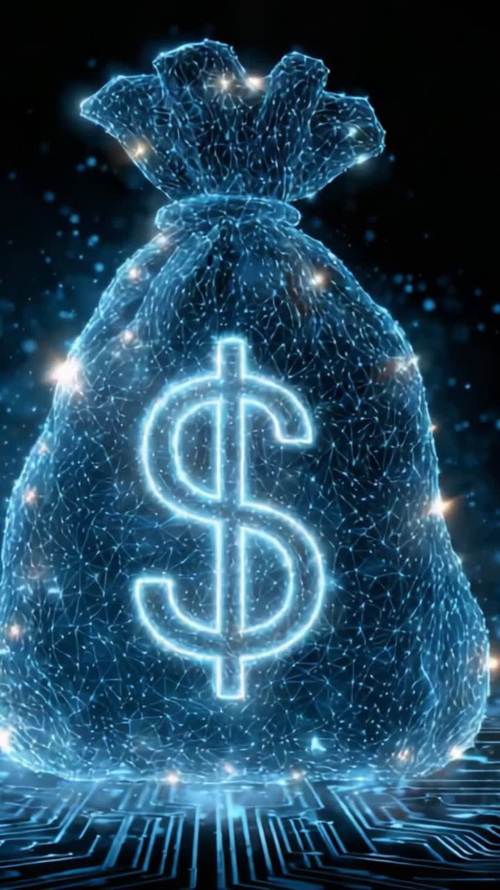 Valuta digitale e rappresentazione virtuale della ricchezza: un concetto futuristico di un sacco di denaro luminoso realizzato con luce blu e tecnologia, che rappresenta la finanza moderna