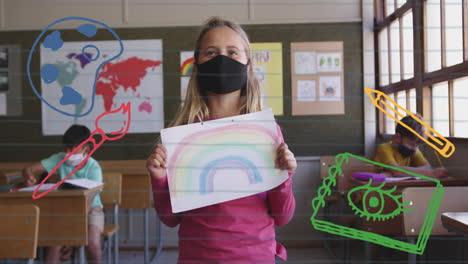 animation of school items icons moving over schoolgirl wearing face mask