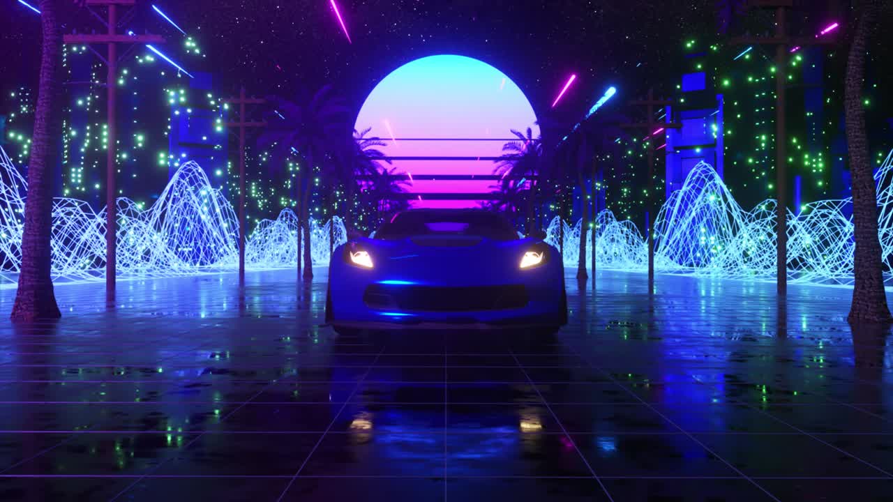 네온 스타일의 자동차와 도시: 80년대 레트로 웨이브 배경 3d 애니메이션: 네온 도시를 가로질러 레트로 퓨처리즘 자동차 드라이브: 시엄리스 루프의 3d 렌더링