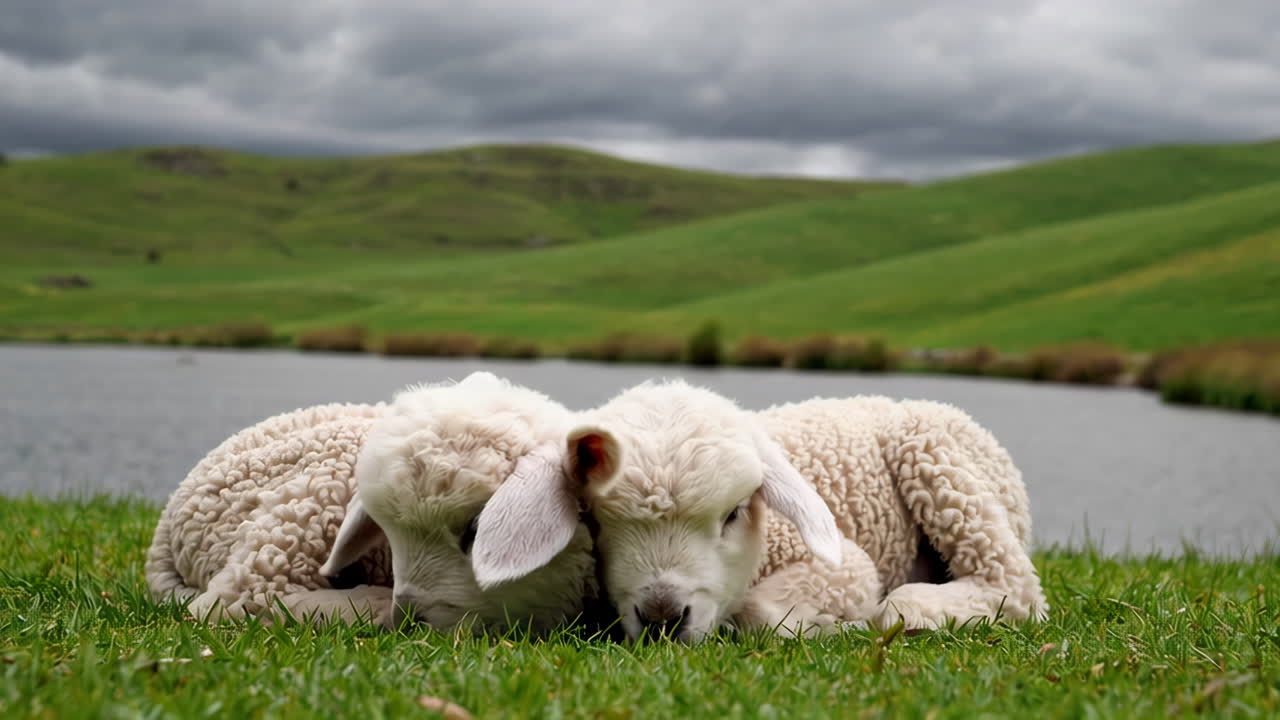 Two Baby Sheep Resting on Green Grass by a Lake