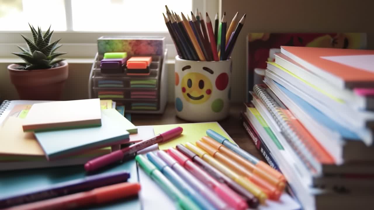 A Vibrant Desk Scene Filled with Colorful Stationery, Notebooks, Markers, and Creative Tools, Highlighting the Joy of a Well-Organized Workspace