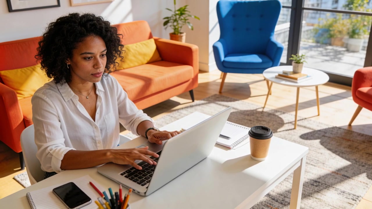Starting remote worker wearing white blouse typing on laptop at living room desk with coffee cup