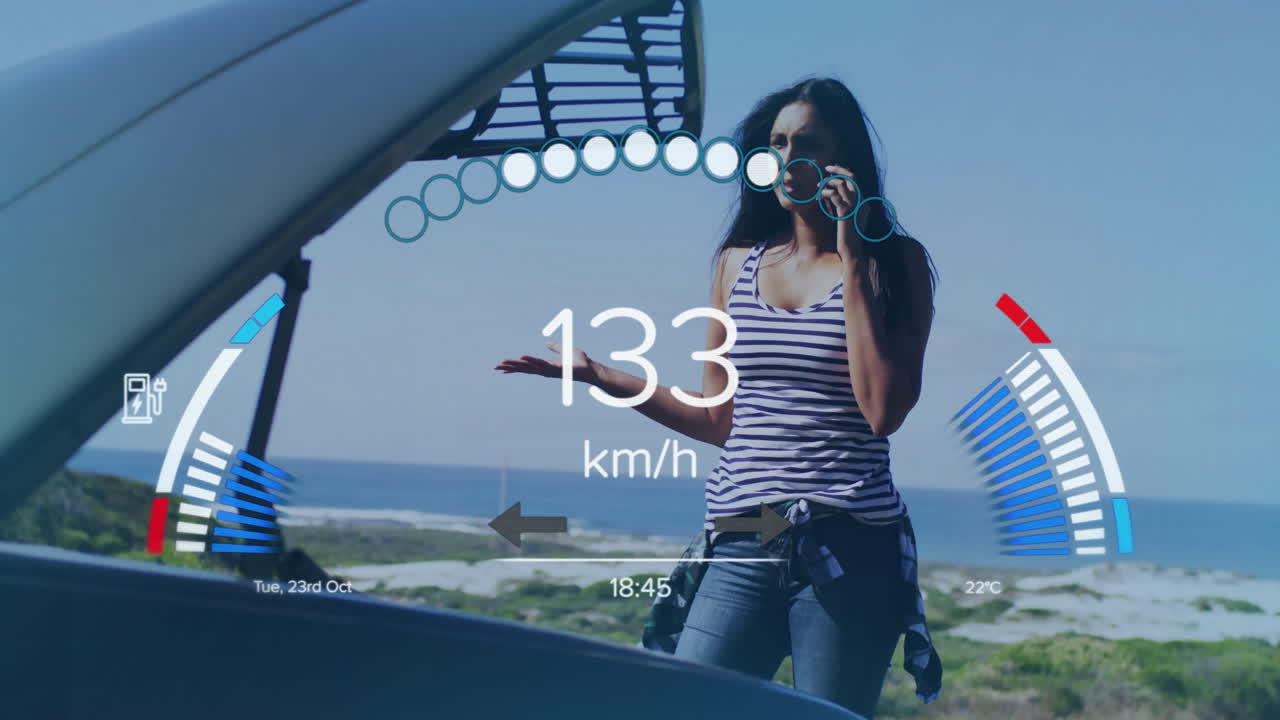 자동차 후드 근처에 서있는 여성 위에서 100kmh를 보여주는 속도계 애니메이션