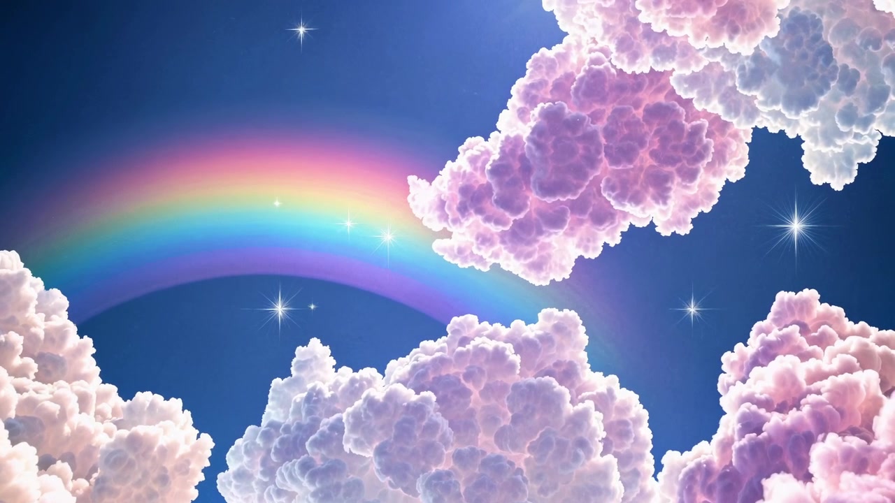 Levende regnbue og bløde lyserøde skyer på en klar blå himmel