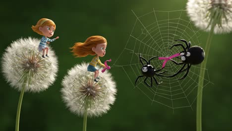 a whimsical scene depicting two young girls engaging playfully with cartoonish spiders on dandelion flowers, showcasing creativity and friendship in nature's vibrant setting