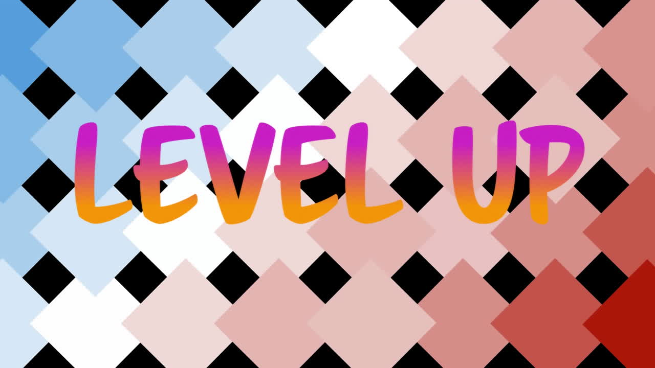 빨간색과 파란색 패턴의 배경에 레벨 업 텍스트의 애니메이션