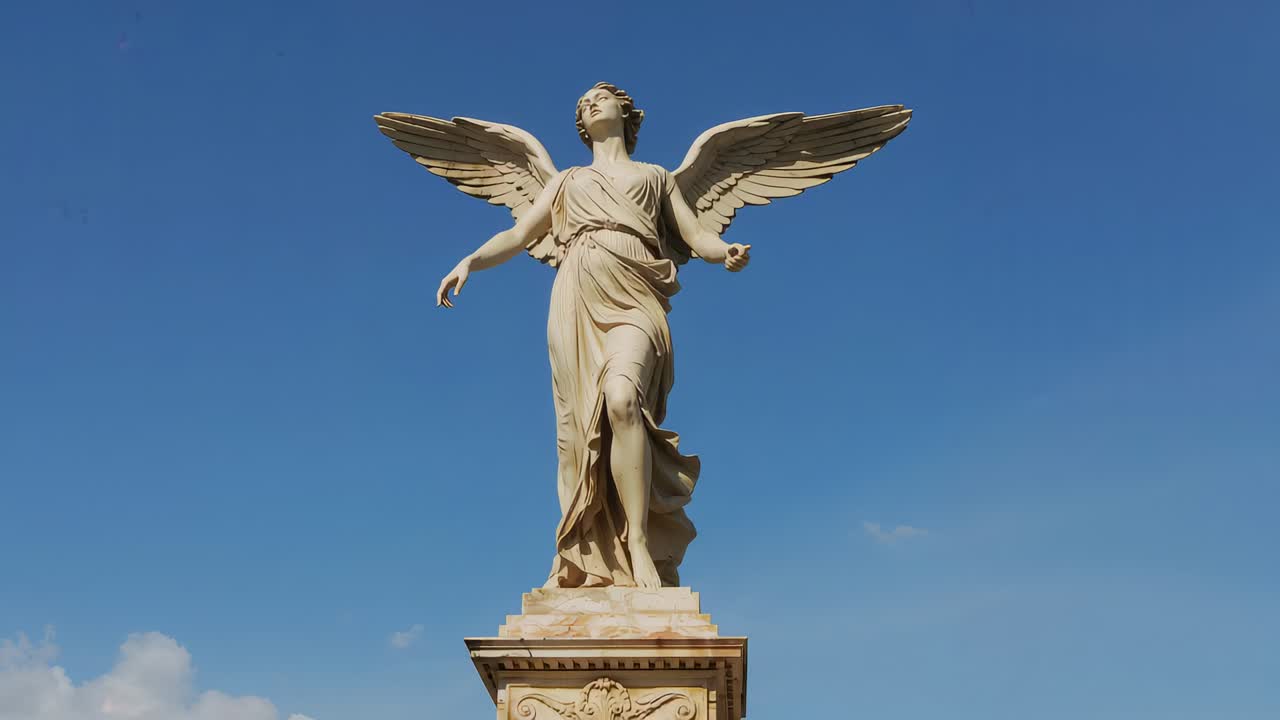 Ricomposizione della camera che mostra una figura alata in pietra con veste su un alto piedistallo all'aperto, mettendo in risalto l'apertura alare