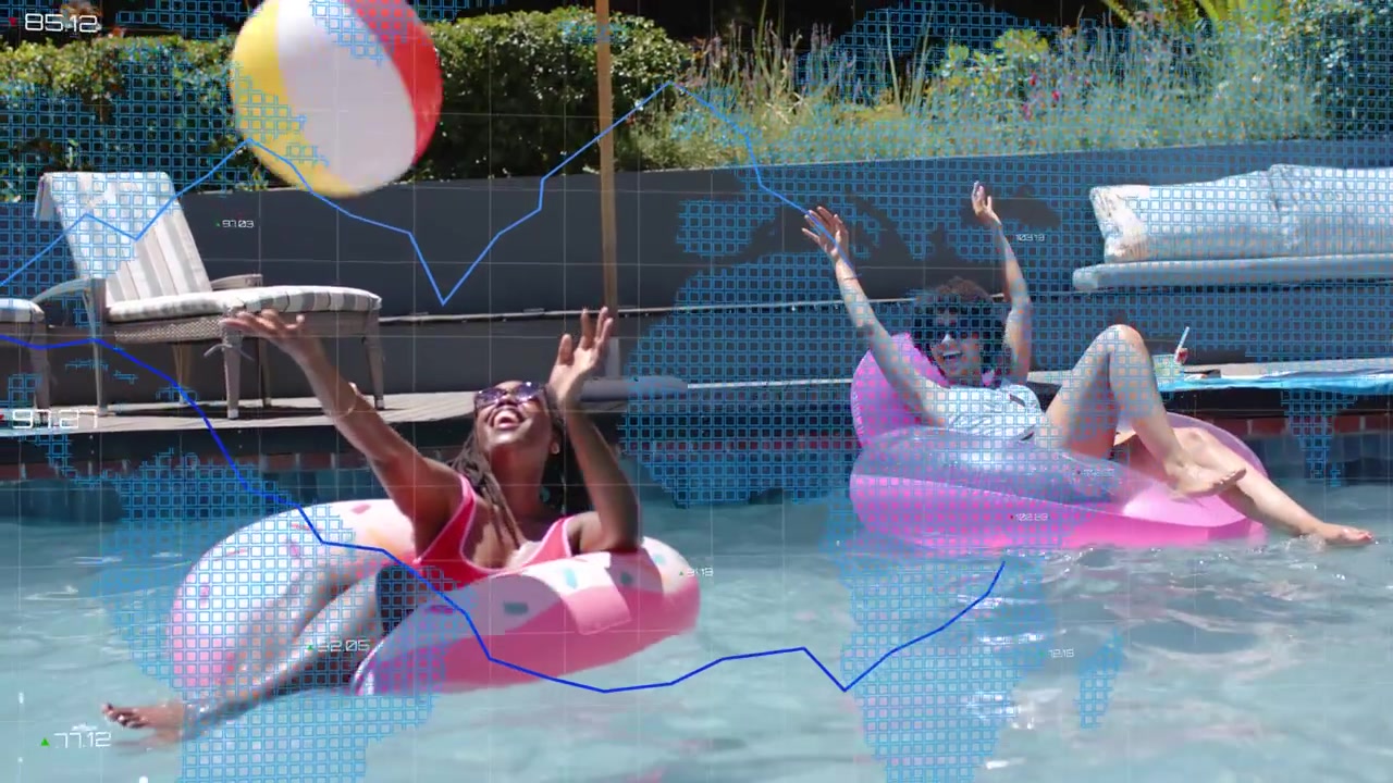 Woman lifting ball starting pass, friends playing in pool for fun while blue graphs overlaying ads