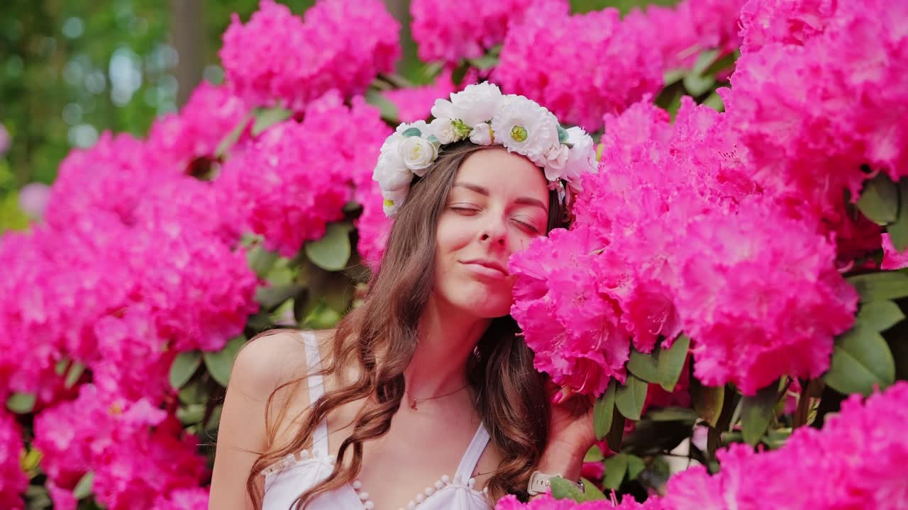Gros plan au ralenti d'une femme avec une couronne de fleurs appréciant le parfum des floraisons.