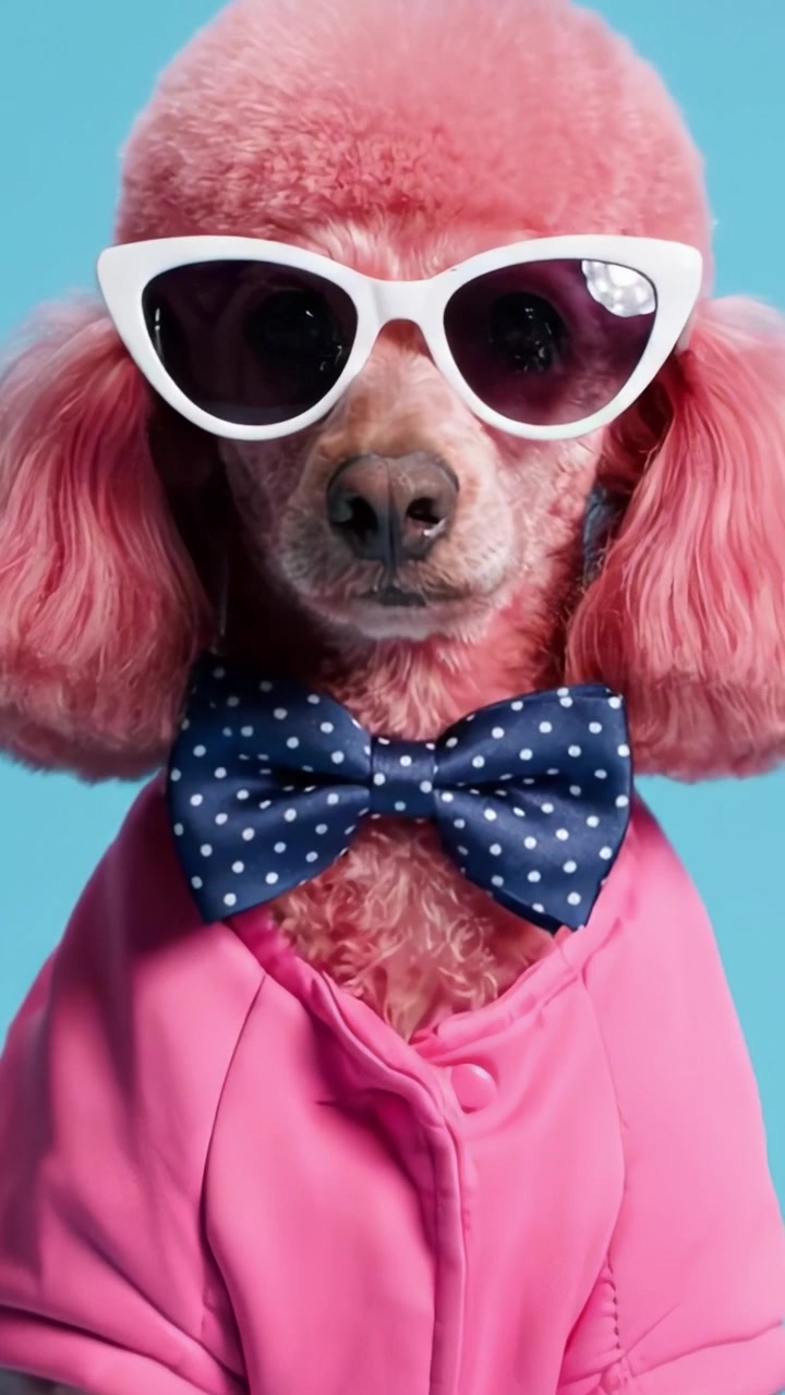 Barboncino rosa alla moda che sfoggia una dichiarazione di moda con occhiali da sole e papillon su uno sfondo blu vibrante, catturando l'attenzione con un tocco unico.