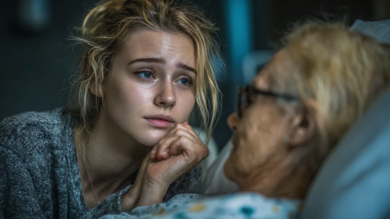 A Young Woman's Emotional Moment by the Hospital Bedside, Sharing Intimate Conversations with an Elderly Loved One in a Tender Care Scene