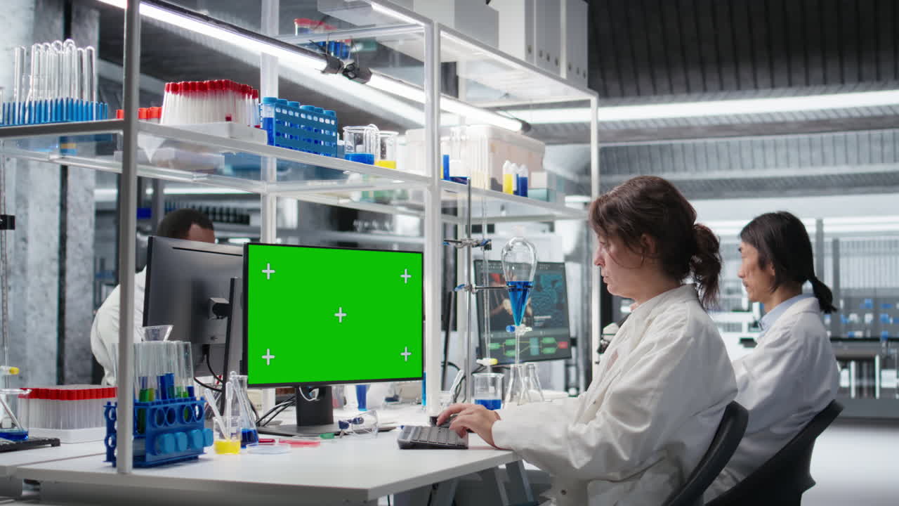 Vertical video Scientist working on green screen PC in lab, studying genomics information