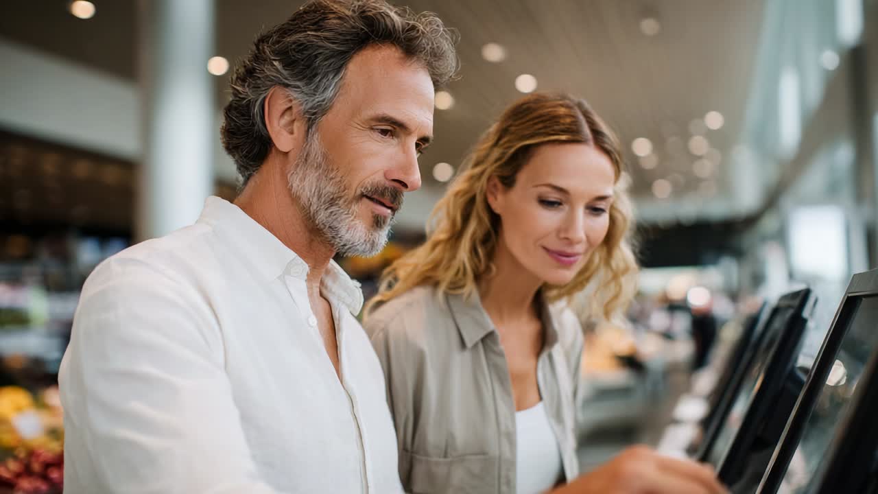 Engaged in Exploration: A Man and Woman Interact with Digital Displays in a Modern Retail Environment, Highlighting the Blend of Technology and Customer Experience in Today's Shopping World