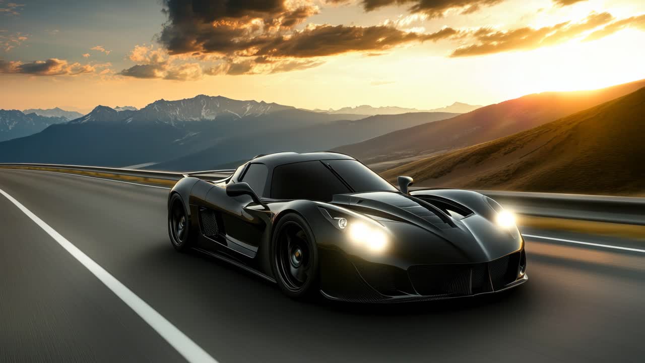 Elegante auto sportiva nera su una strada di montagna al tramonto, ripresa da un'angolazione bassa, per enfatizzare la velocità