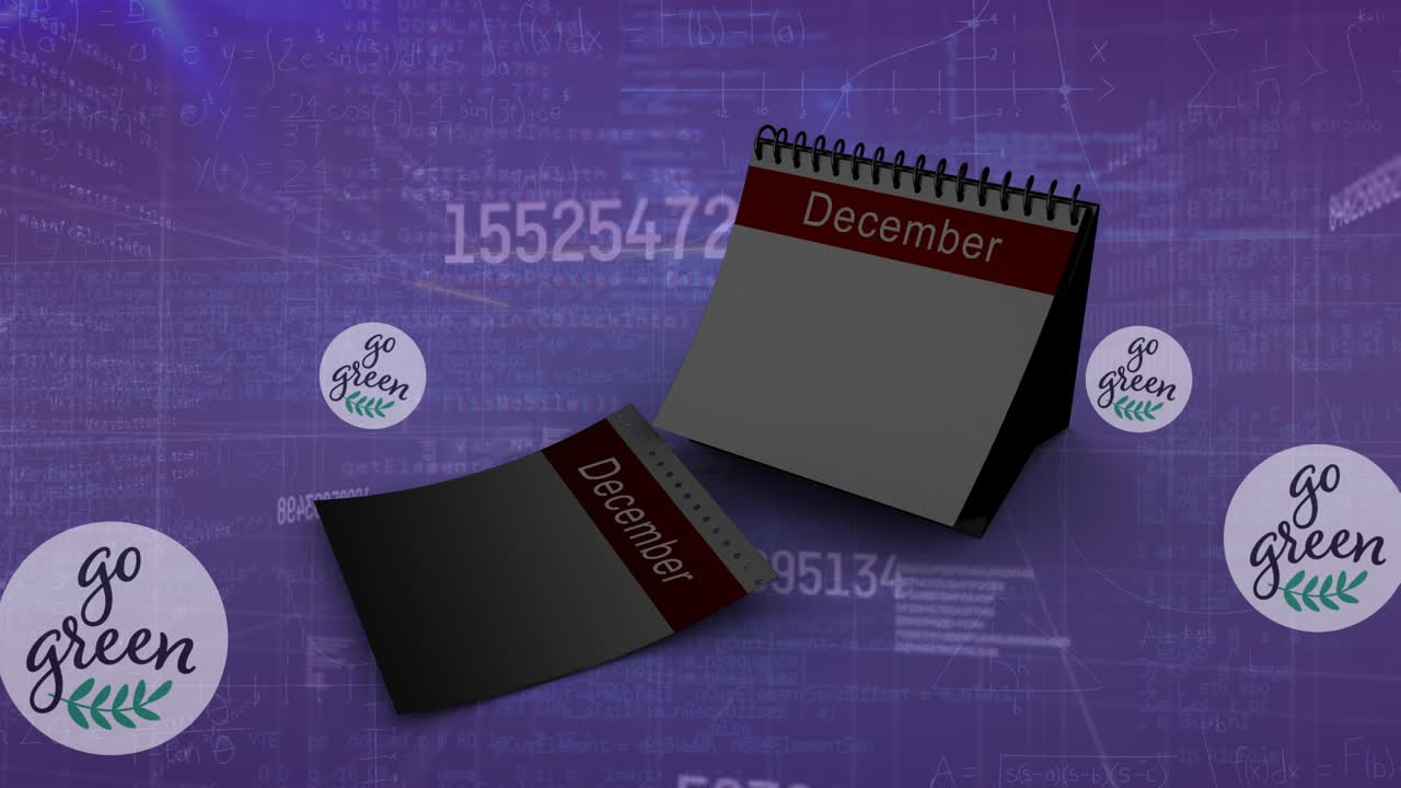 Animazione del testo 'vivi green' e di un calendario su elaborazione dati.