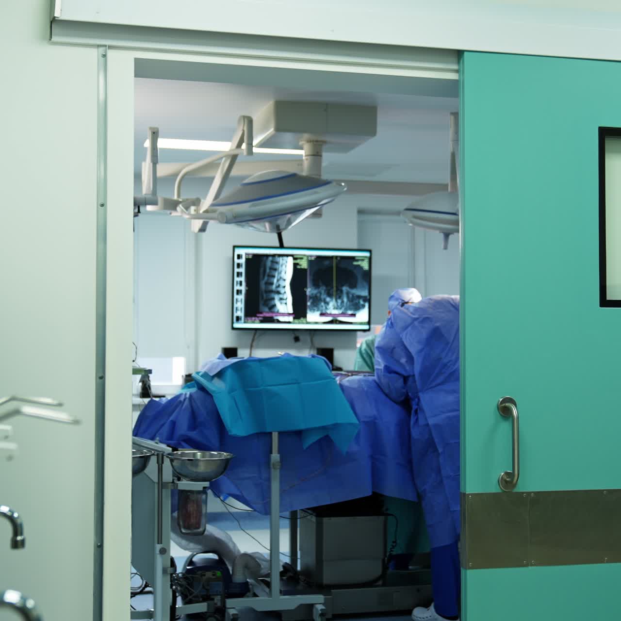 Standing at opened door to an operational theatre. Team of surgeons perform operation to a patient in modern hospital room