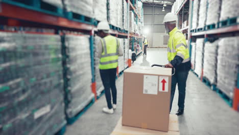 boxes, factory trolley and black man transport