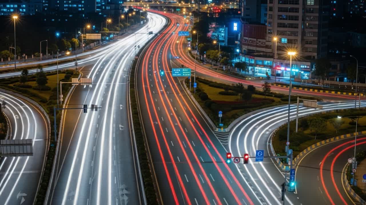 Night Traffic Trails on a Modern City Highway Interchange