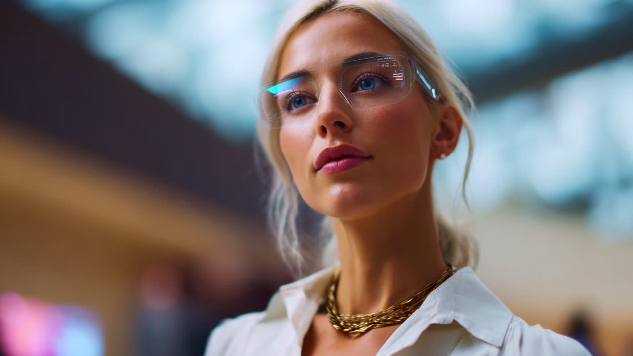 En selvsikker kvinde med futuristiske briller viser teknologi og stil i et spændende indendørsmiljø, der udstråler professionalisme og modernitet
