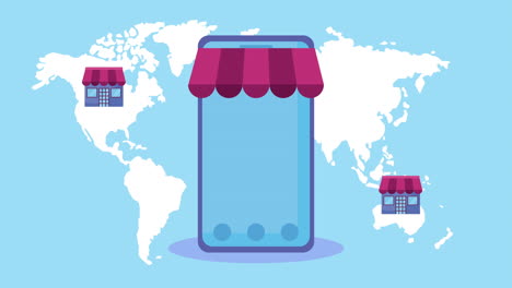 animación de comercio en línea con teléfono inteligente en mapas de la tierra