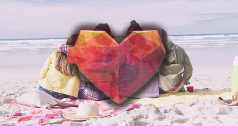 animación de interferencia y corazón sobre un grupo diverso de amigas en la playa
