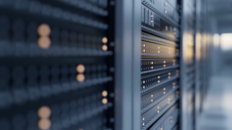Close-up of Server Racks and Blinking Lights in a Data Center