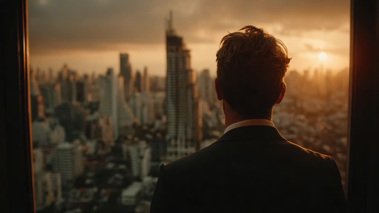 Una figura contemplativa guarda un vasto paesaggio urbano al tramonto, riflettendo sulla vastità della città e sulla promessa di un nuovo giorno che verrà.