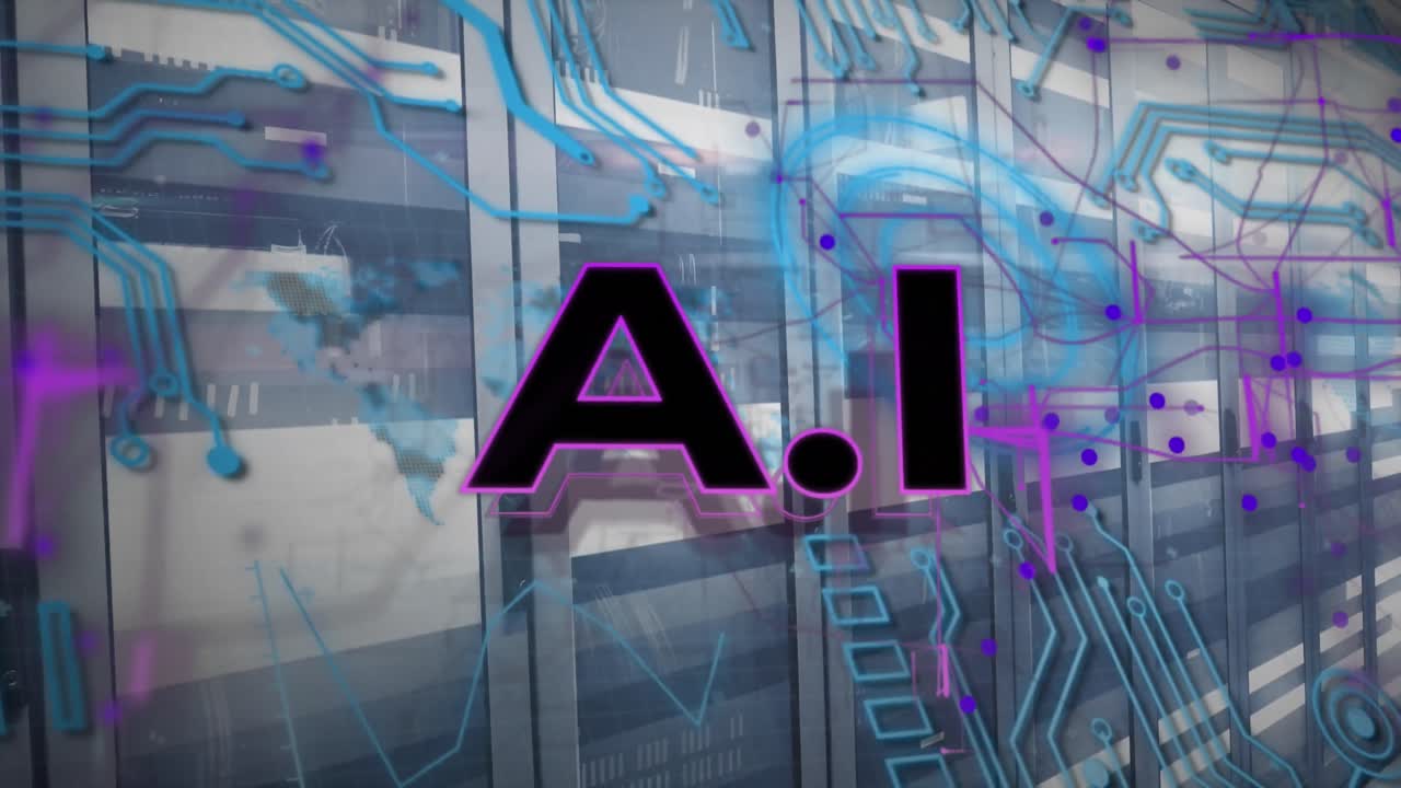 Animation of ai text with circuit board pattern over moving bars on data server racks