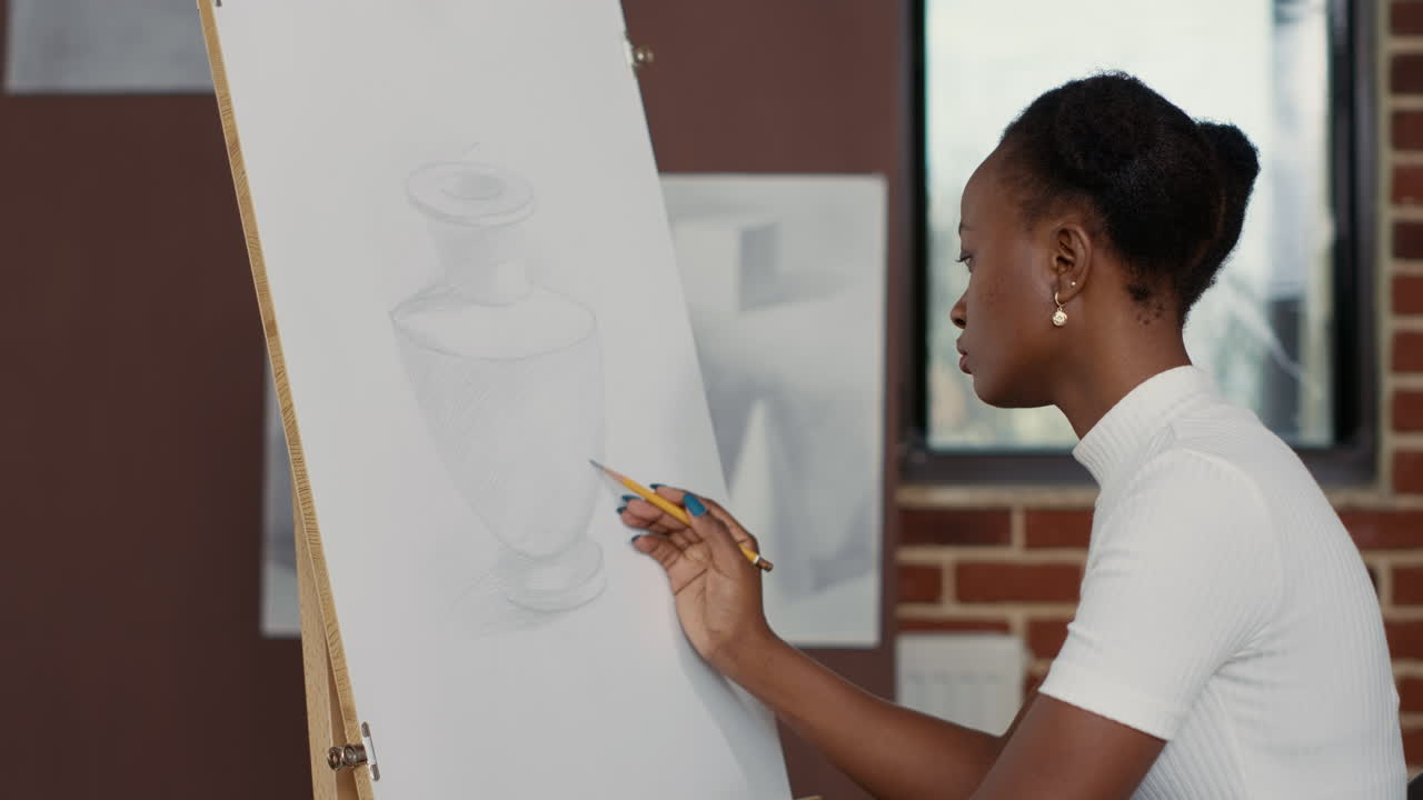 African american woman drawing vase model on white canvas