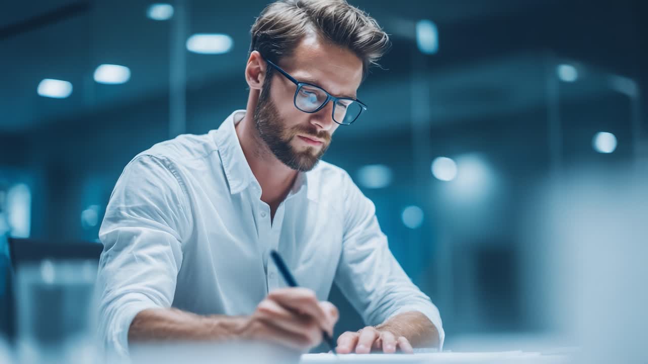 Focused Professional Writing in a Modern Office Environment: A Young Man Deep in Thought as He Takes Notes on Smart Device or Paper at a Work Desk