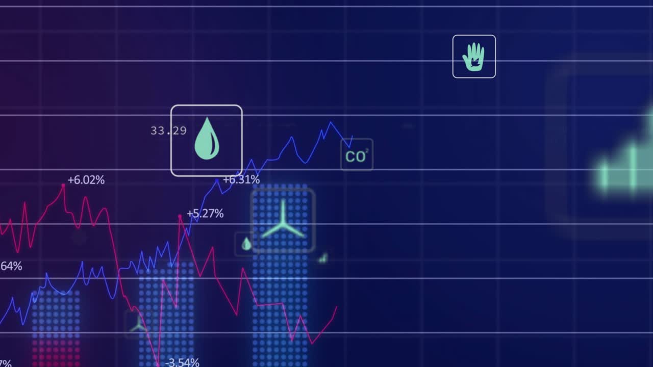 Floating code snippets appearing causing icons fading with red and blue lines charting eco metrics