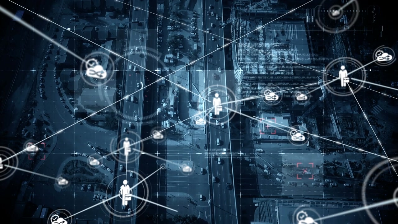 Animazione di una rete di connessioni e una scansione radar su un paesaggio urbano.