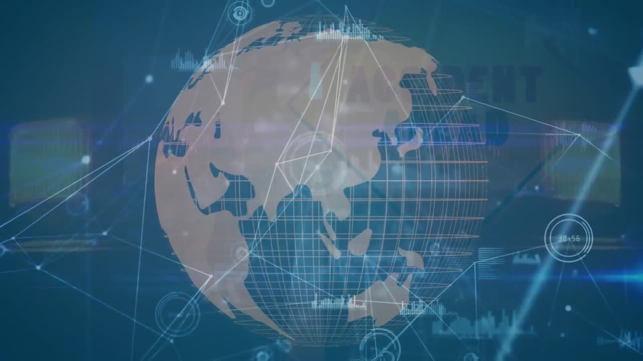 파란색 바탕에 회전하는 지구상에서 연결 네트워크와 데이터 처리의 애니메이션