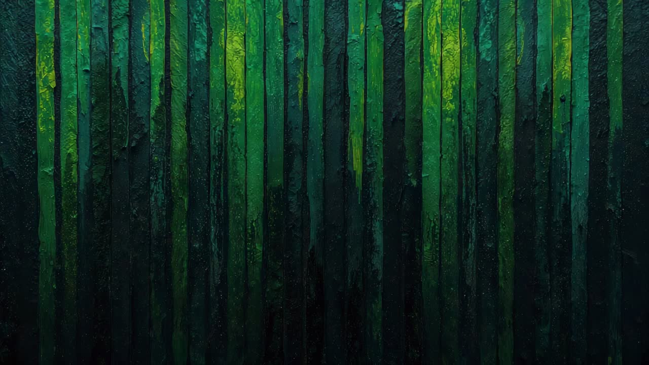 Lighting shifting, textured vertical slats panel revealing layered green yellow pigments in studio