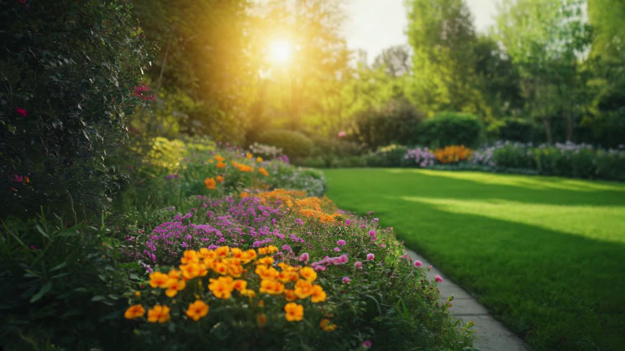Una serena scena di un giardino con fiori vivaci e vegetazione lussureggiante al tramonto