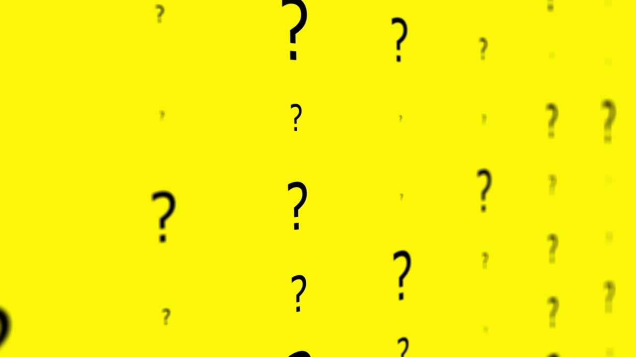 Abstract background with question marks on yellow background. 3d render. Selective focus. Seamless looped 4k animation