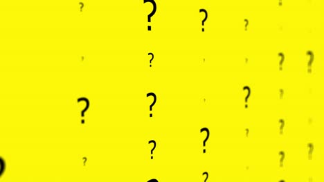 Abstract background with question marks on yellow background. 3d render. Selective focus. Seamless looped 4k animation
