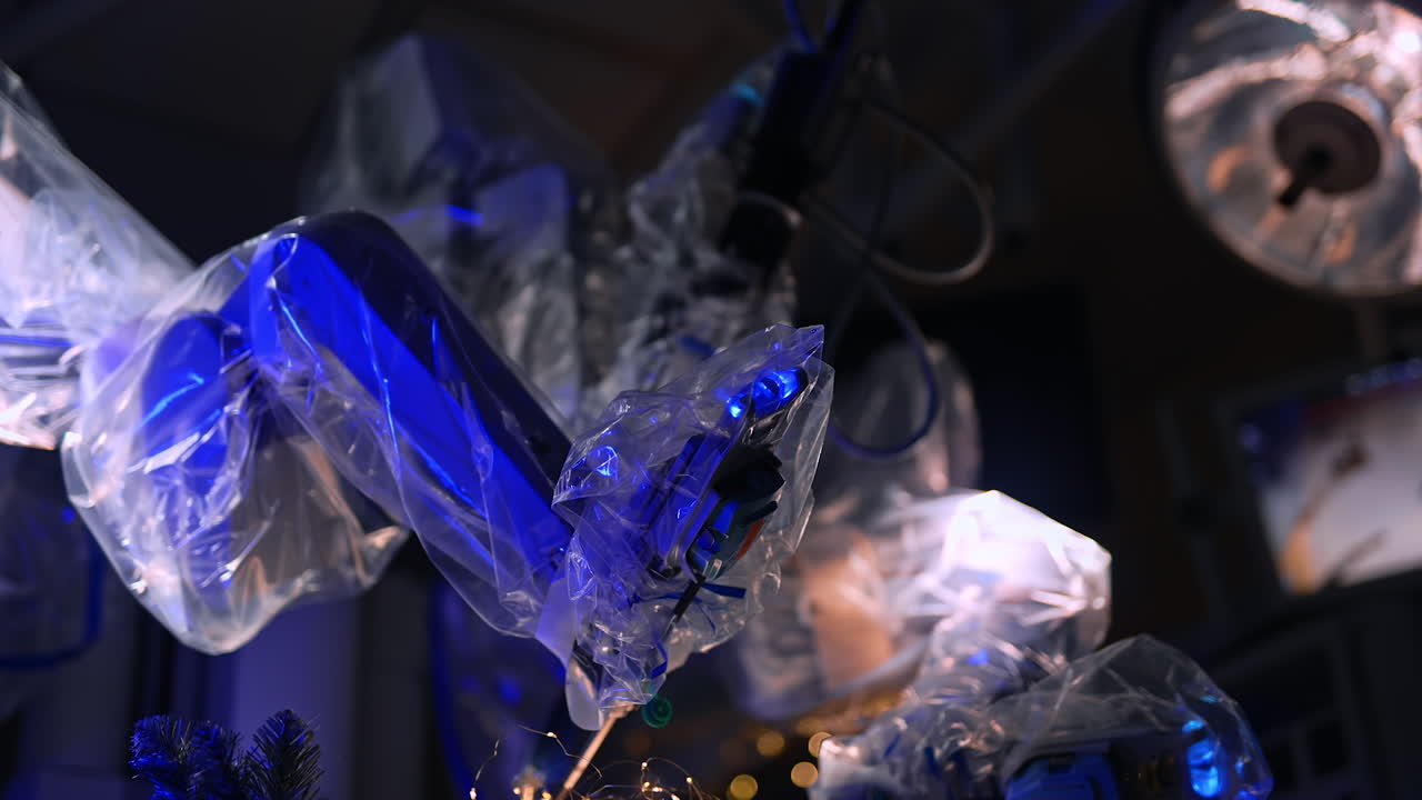Futuristic robotic arms covered with plastic moving in the dark surgery room. Christmas decorations on the operational table.