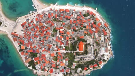 aerial drone headshot of primosten old town on the islet, dalmatia, croatia