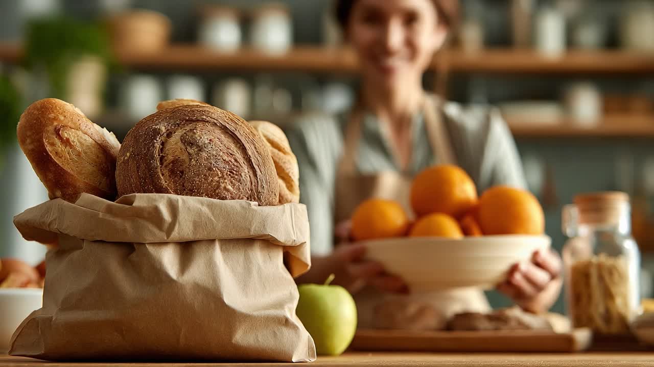 A Cozy Kitchen Scene Featuring Freshly Baked Bread and Juicy Oranges, Highlighting the Joy of Home Cooking and Appreciation for Simple Ingredients