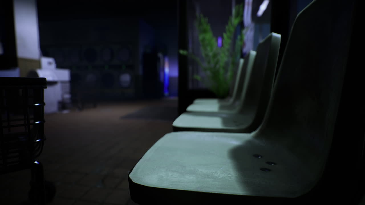 Abandoned waiting area with empty chairs in dimly lit interior space
